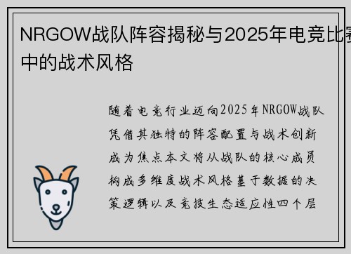 NRGOW战队阵容揭秘与2025年电竞比赛中的战术风格