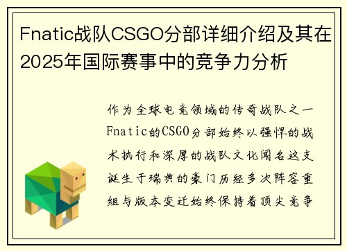 Fnatic战队CSGO分部详细介绍及其在2025年国际赛事中的竞争力分析